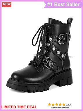 Women's Combat Boots with Rhinestone Chains Buckle Straps Ankle Boots